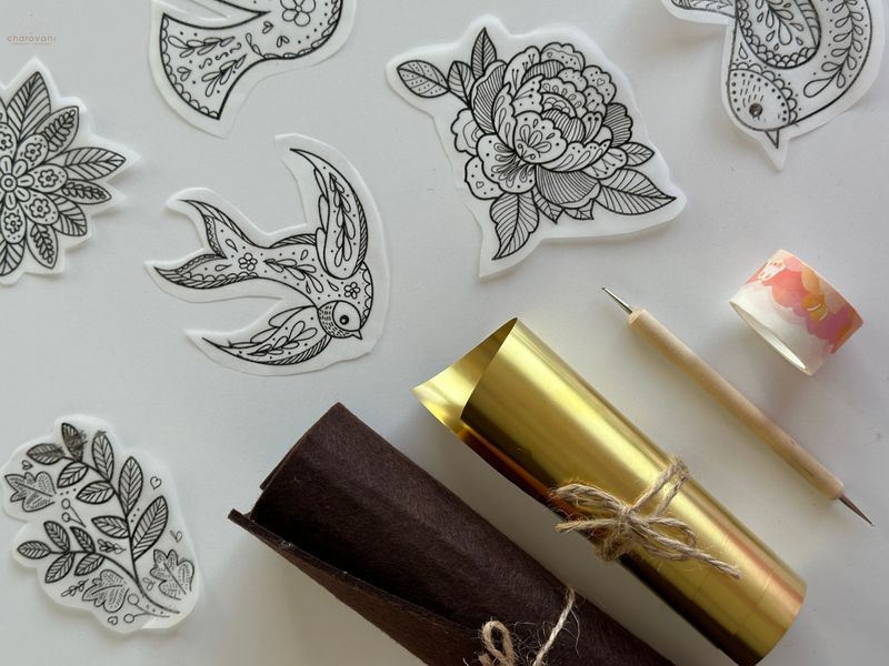 Foil Embossing DIY kit "Flowers and birds" - Gold TYS-tt-G-eng фото